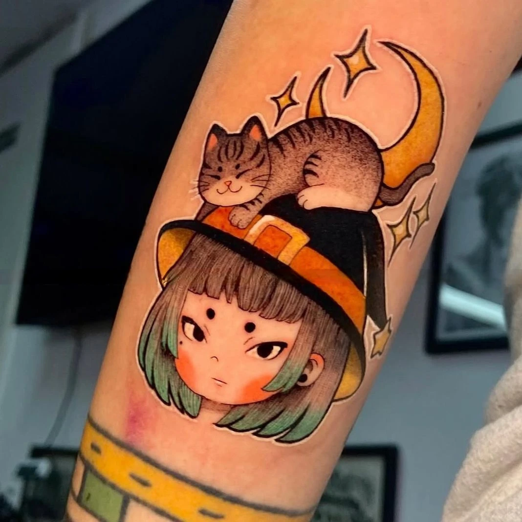 

Cute Magical Witch Girl Cat Temporary Tattoos Durable Cartoon Waterproof Fake Tattoo Realistic Body Art Tatoo Body Stickers