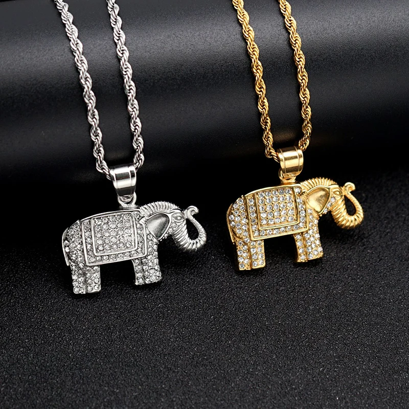 Hip Hop Rhinestones Paved Bling Iced Out Stainless Steel Elephant Mammoth Pendants Necklace for Men Jewelry Gold Silver Color