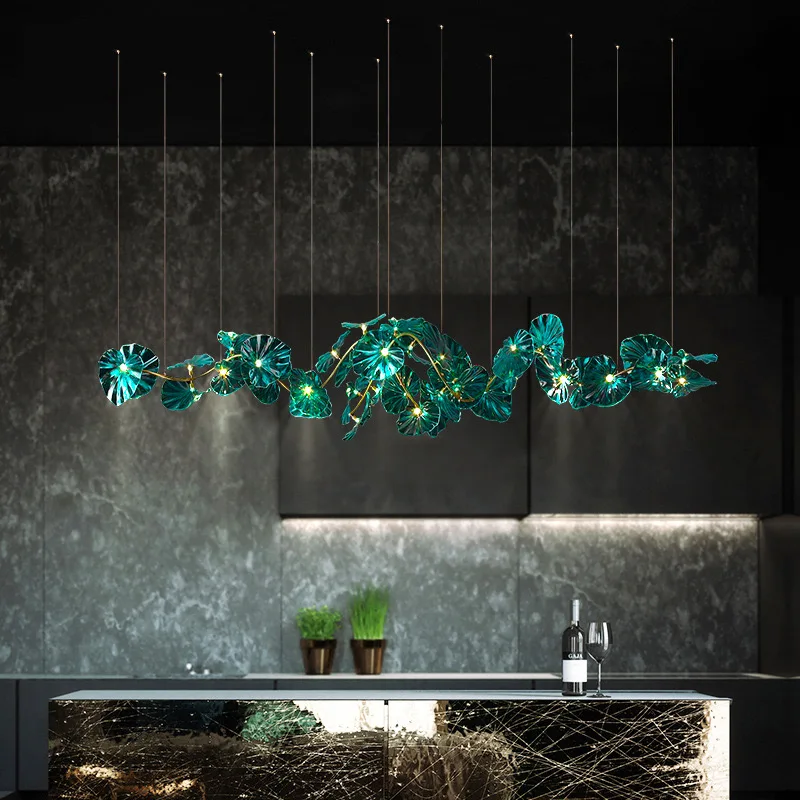 Green Glass Leaf Crystal Hanging Chandelier For Hotel Lobby Loft Living Dining Room Kitchen Island Nordic Lotus Leaf Chandeliers