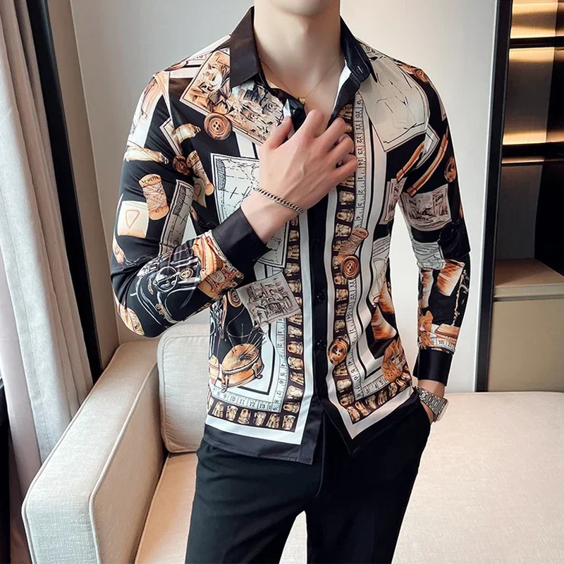 

High-end Printing Shirt Men Luxury Slim Fit Prom Nightclub Chemise Homme M-4XL Casual Long Sleeve Silk Korean Mens Formal Blouse