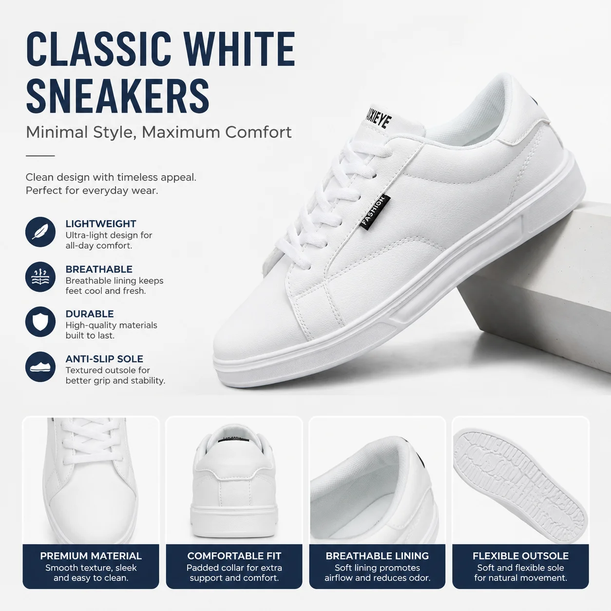 New Korean Style White Black Casual Sneakers, Breathable Lightweight Durable All-Match Fashion Board Shoes for Men