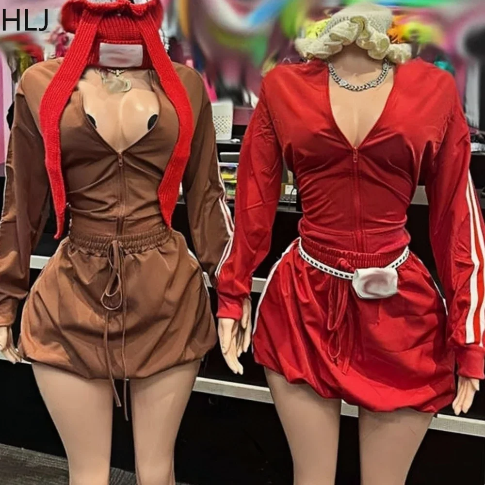 HLJ Bubble Drawstring Mini Skirts Two Piece Sets Women Zipper Long Sleeve Coats And Skirts Outfit Fashion Stripe 2pcs Streetwear