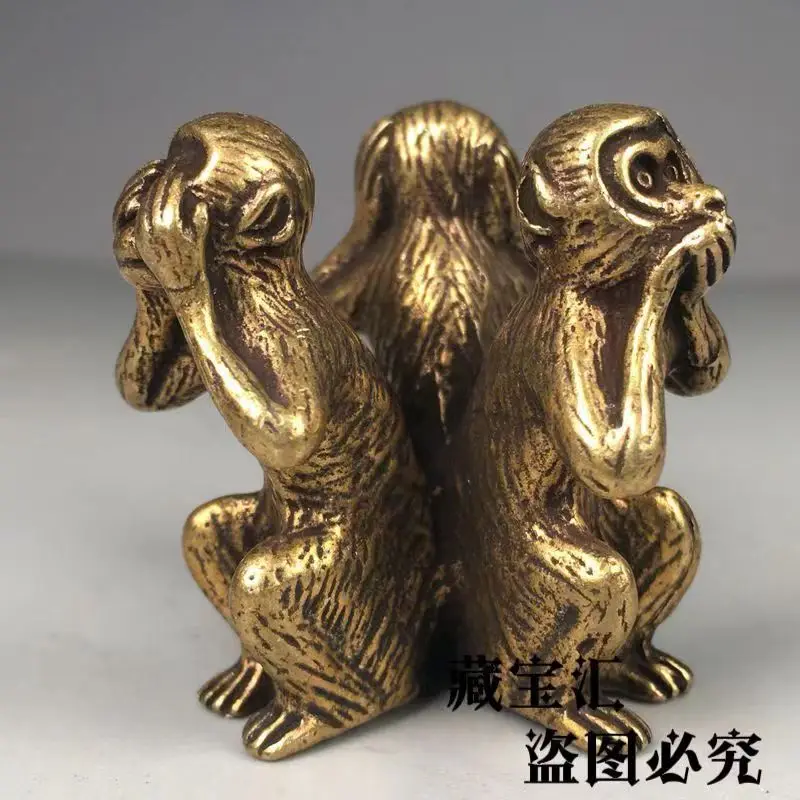 Antique Style Brass Three Wise Monkeys Sculpture Hear No Evil See No Evil Speak No Evil Tea Pet Desktop Tea Ornament view 3