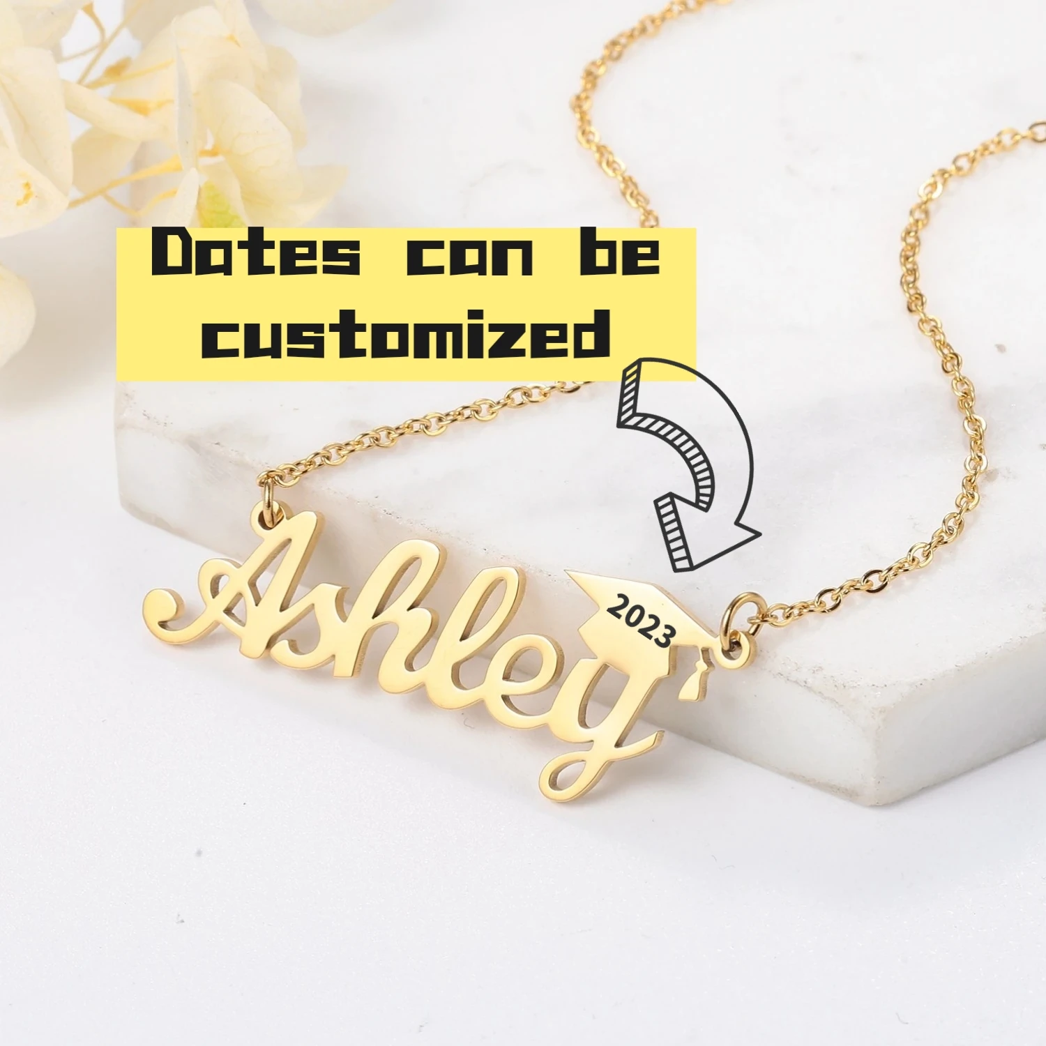 

Custom Name Necklace Stainless Steel Nameplate Pendants Bachelor Cap Shape Personalized Letter for Women Graduation Jewelry Gift