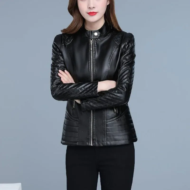 2025 Spring Autumn Women Short Leather Coat  Female Long Sleeves PU Leather Jacket Ladies Large Size 4XL Faux Leather Outcoat