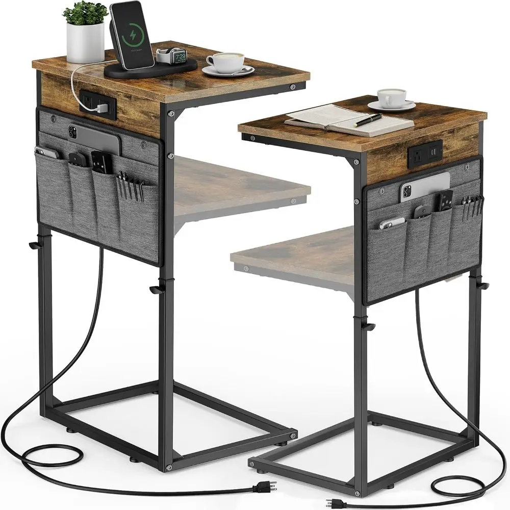 

Набор из 2 приставных столиков для дивана с регулируемой высотой и зарядной станцией, подносы для телевизора в гостиной и спальне, коричневые