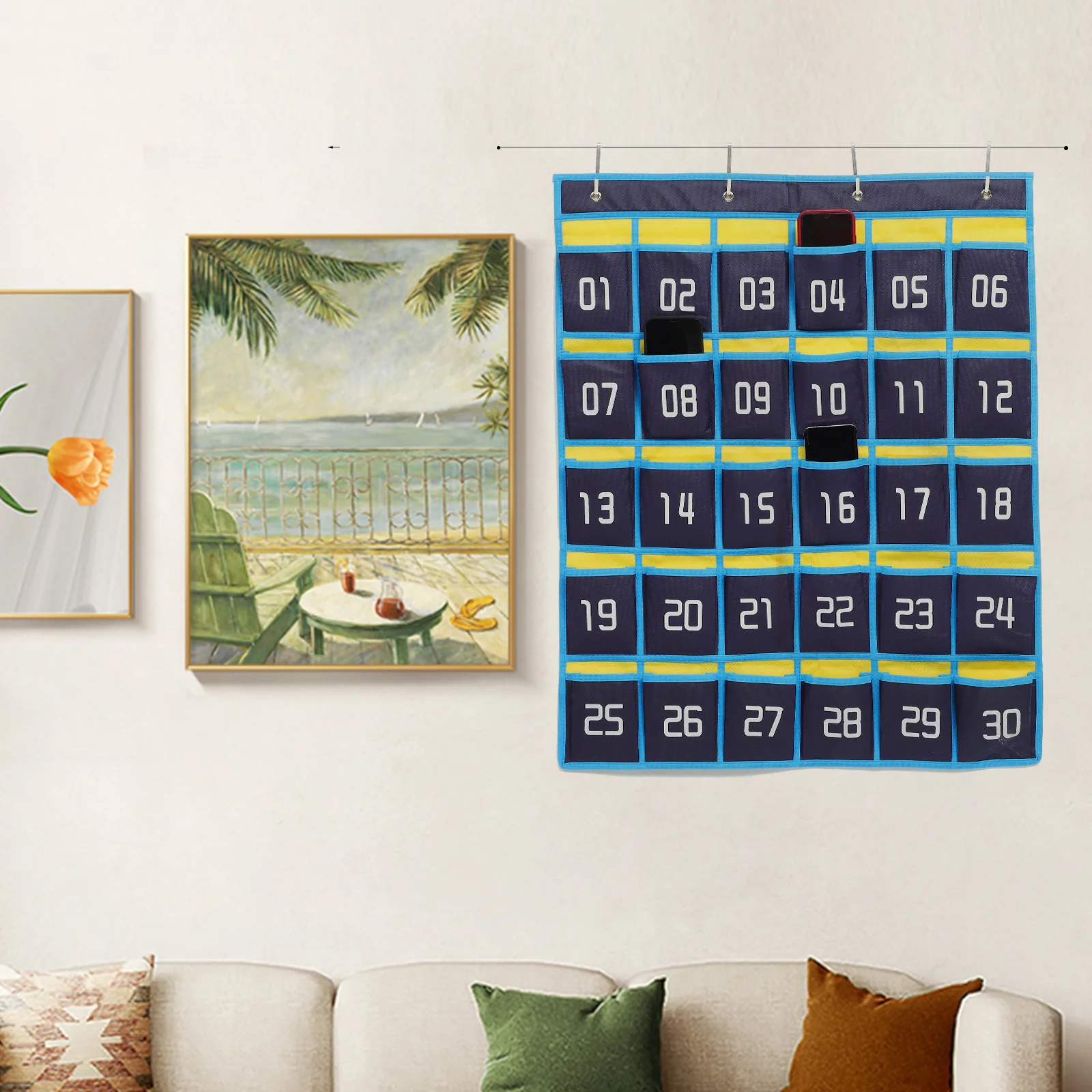 Blue and Yellow Classic Model 30 Grids + 4 Hooks Calculator Holder Classroom Phone Hanging Pocket Chart for Wall Jewelry Tray