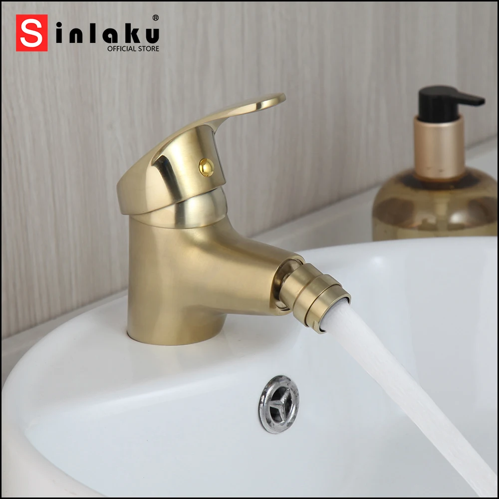 

SINLAKU Bathroom Faucet Brushed Gold Solid Brass Bidet Faucets Vessel Sink Tap Deck Mounted Hot and Cold Mixer Water Torneira
