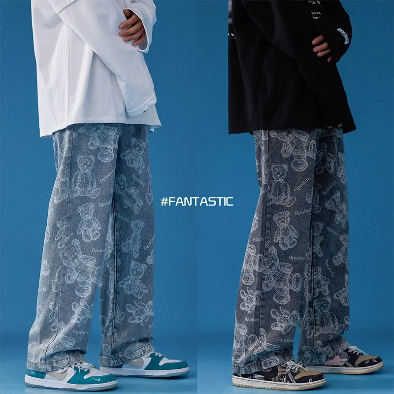 

New Fashion Mens Baggy Jeans Straight Loose Casual Wide Leg Pants Cowboy Men Streetwear Hip Hop Trousers Bear Printed Jeans