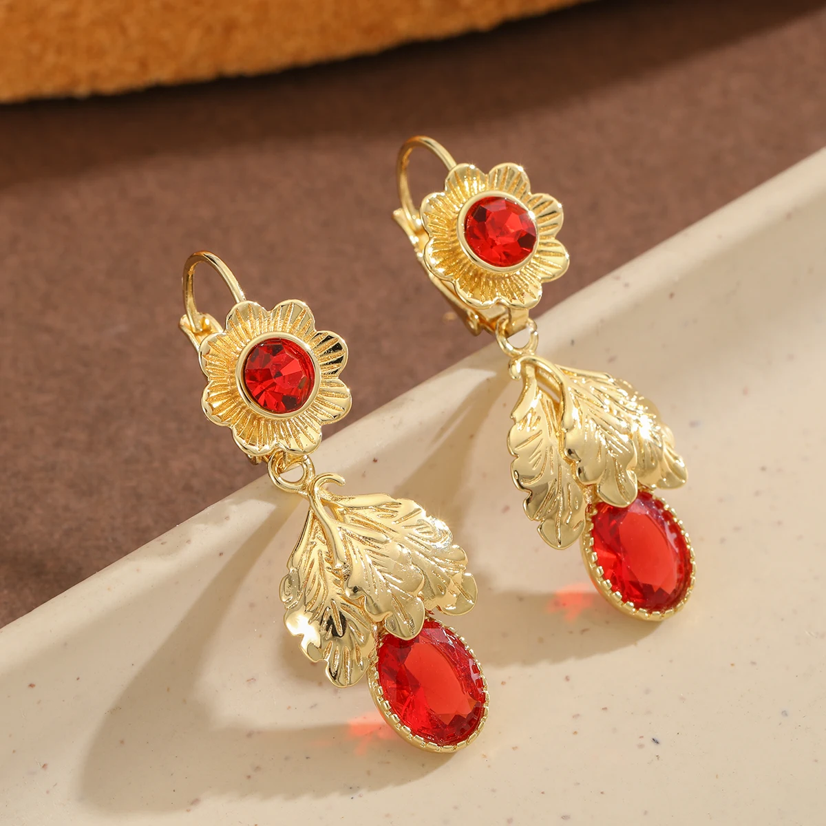 Vintage Court Copper Dangle Earrings with Floral Leaf Design & Red Artificial Gems, Fit Banquets and Dinners. view 4