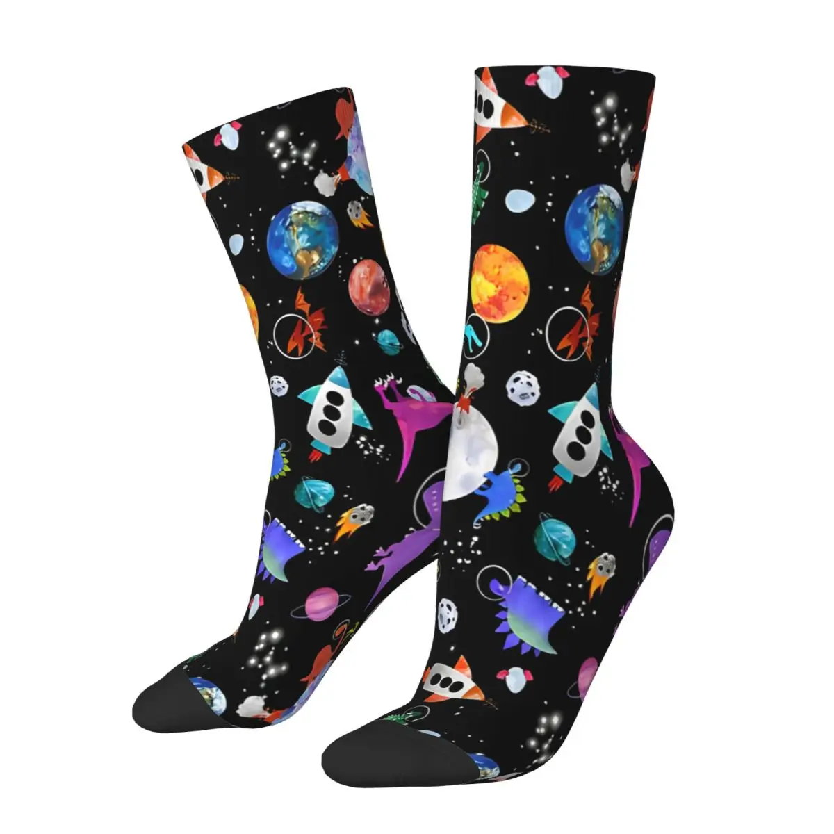 Winter Warm Retro Men's Women's Dinosaur Astronauts In Outer Space Socks Rockets Planets Galaxy Sweat Absorbing Basketball Socks