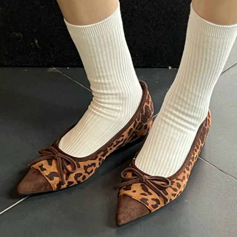 Bowtie Flats Shoes Women Ballerina Pointed Toe Slip on Ballet Flat Heels Lazy Loafer Moccasin Ladies Fashion Leopard Print Shoes