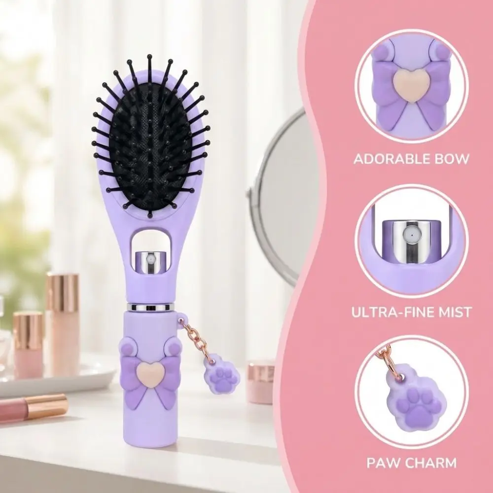 Refillable Spray Misting Hair Brush Anti-Frizz Anti-Static Spray Massage Comb Cat Paw Pendant Massage Hair Brush Daily Hair Care