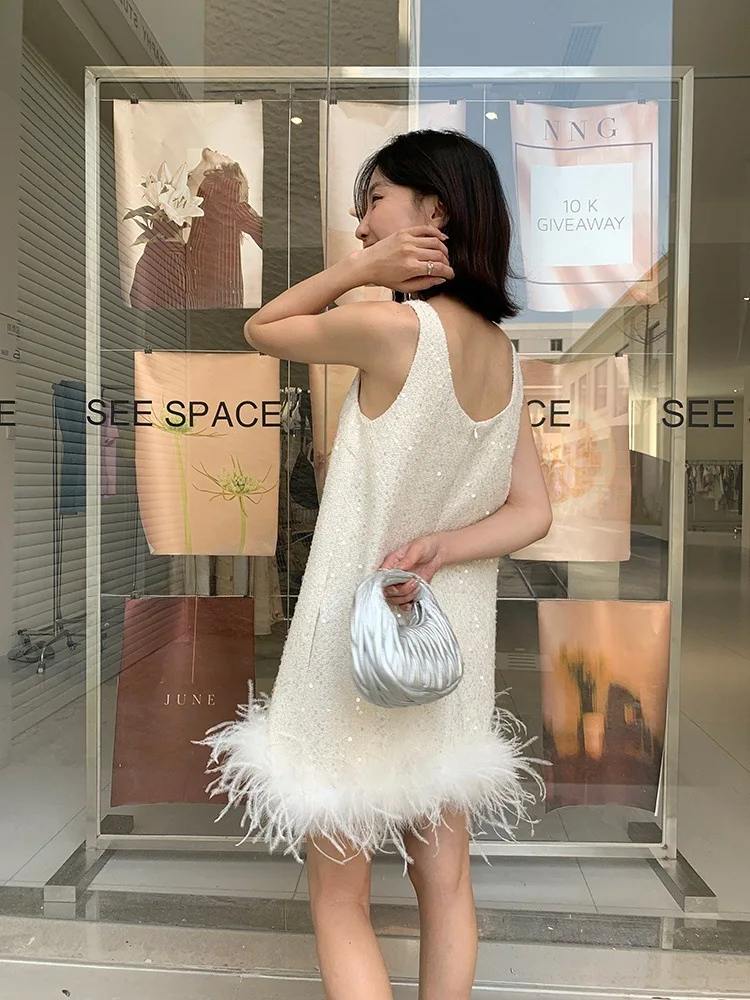 Sexy Sleeveless Mini Dress For Women New Arrival U-neck Feather Sequins Nightclub Fashion Cross-border European American Trade