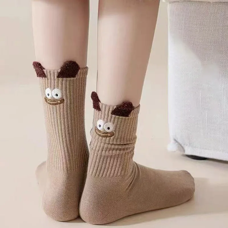 5 Pairs New Autumn Lifting Ear Middle Tube Women's Socks Embroidered With Maillard Stylecartoon Plush Socks