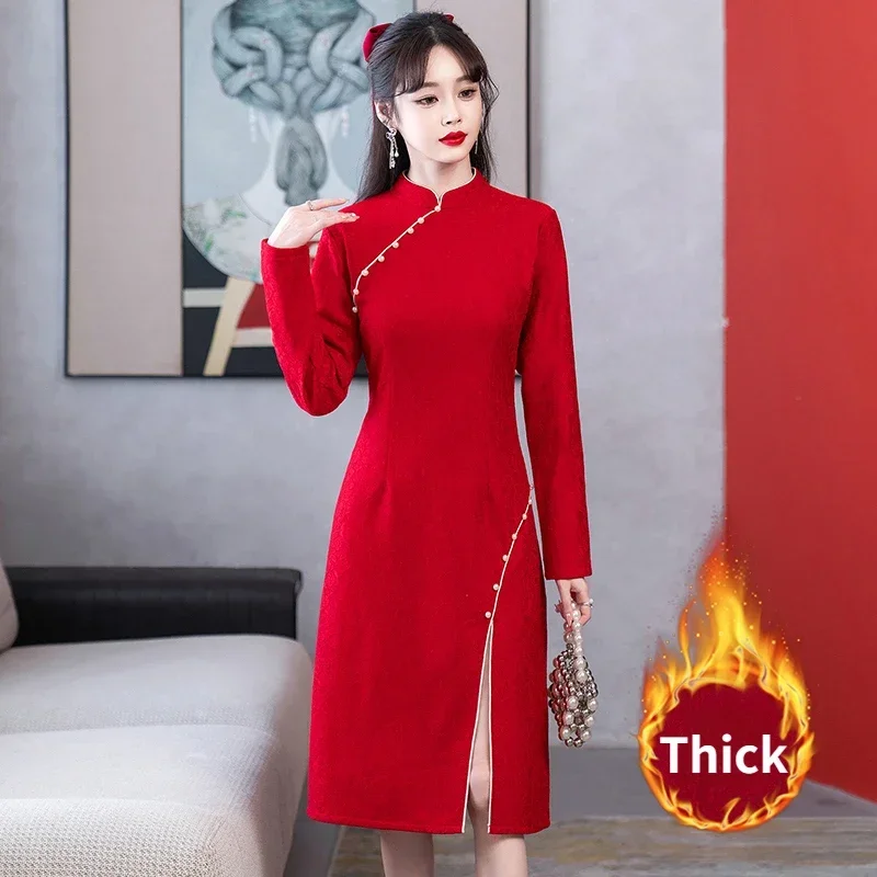 

Chinese Traditional Lace Qipao Dress for Women Autumn Winter New Elegant Retro Slim Modern Improved Red Cheongsam CNY