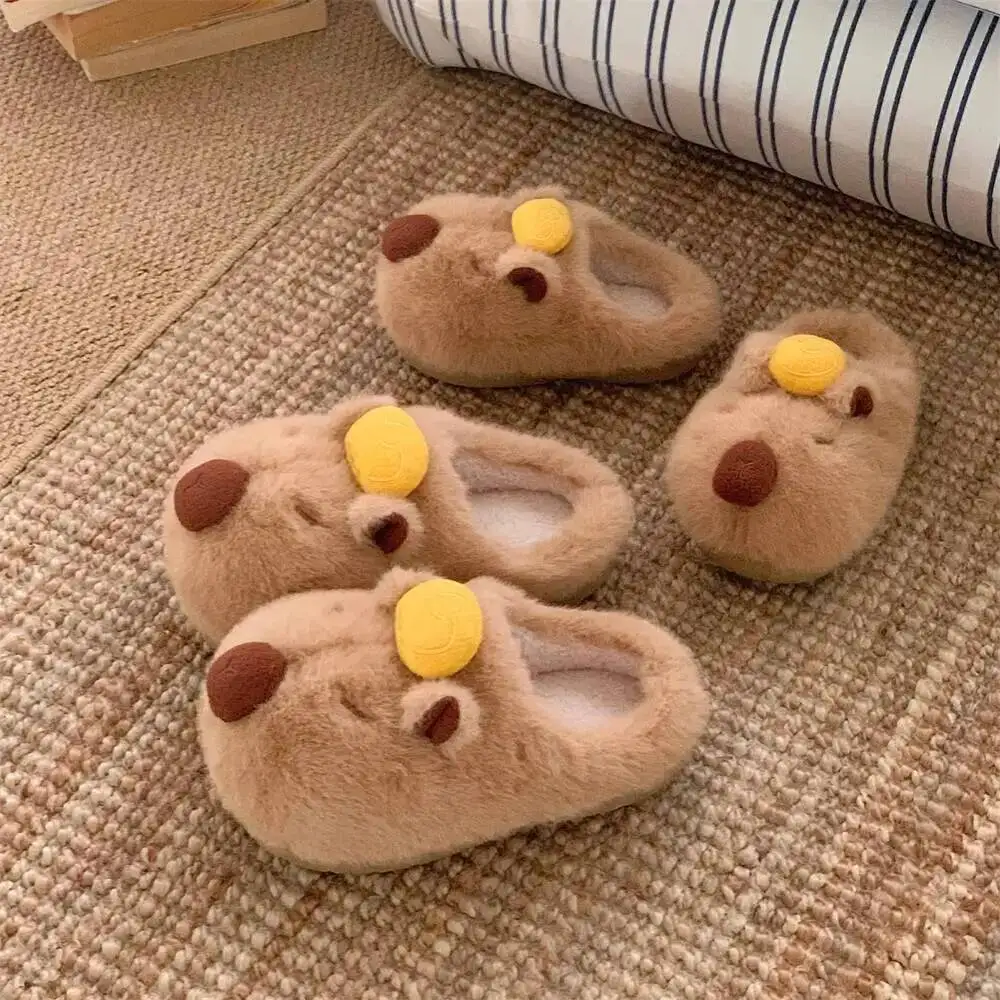 

Home Slippers Women's Winter Cotton Slippers Cute Gold Capybara Design Non-Slip Furry Indoor Household Slippers Shoes