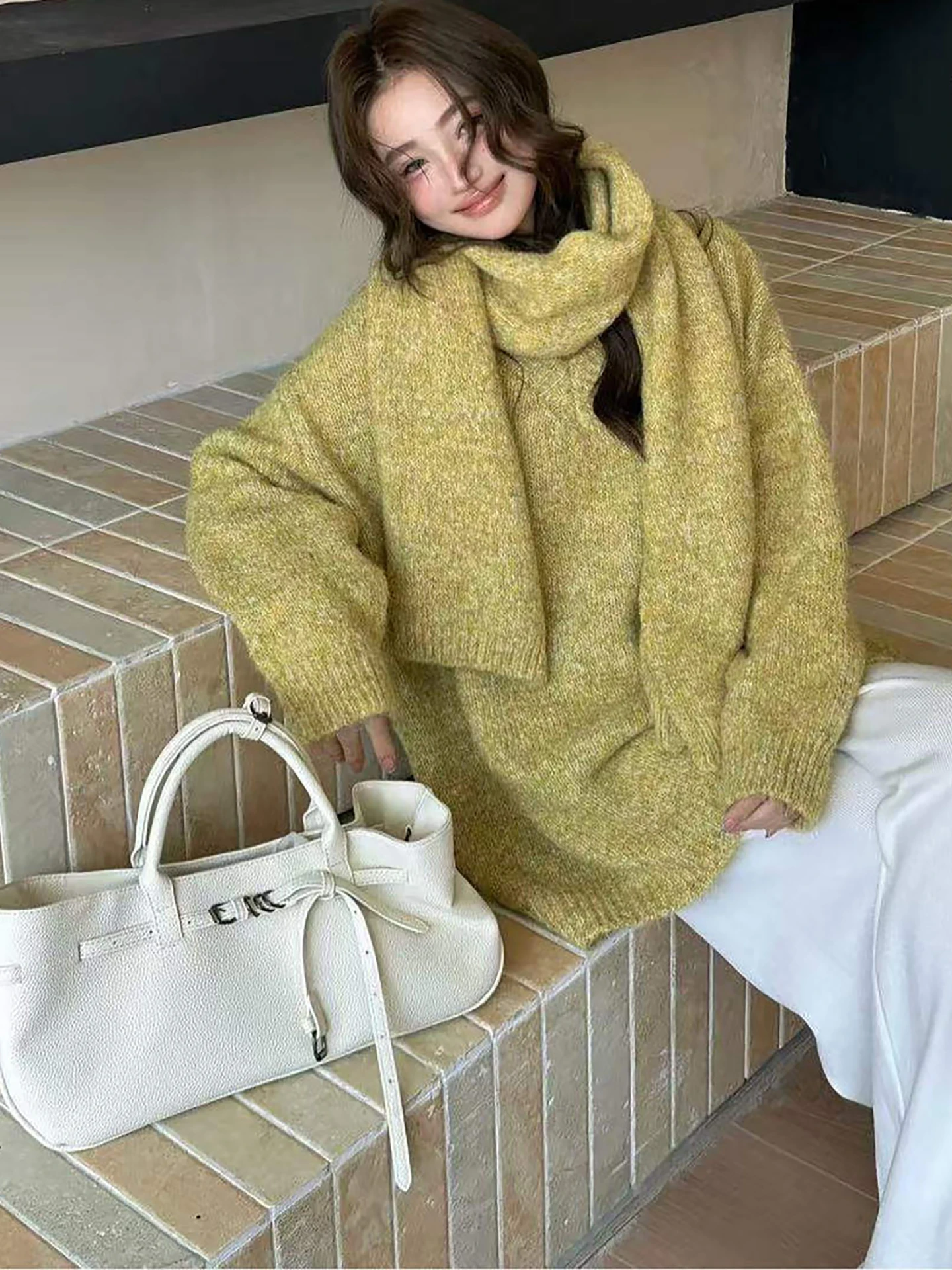 Pull tricoté en mélange de laine pour femme, ample, sensation d'assaut, paresseux, écharpe assortie, nouvelle collection automne hiver