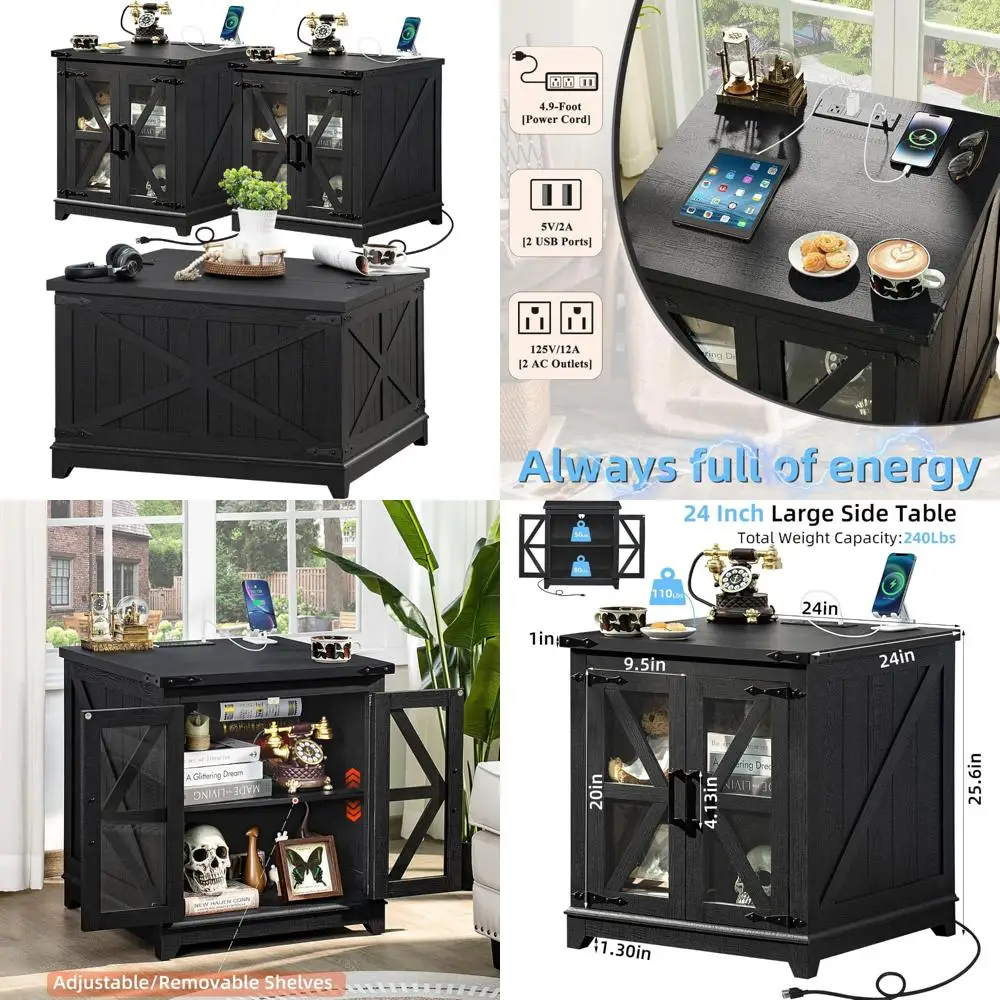 

3-Piece Farmhouse Coffee Table Set: Large Side and End Tables with Charging Station and Storage Coffee Table