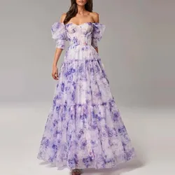 Women 2024 One Shoulder A-line Cake Dresses Chic Lady Backless Waist Party Dress Sweet Elegant Puff Sleeve French Evening Dress