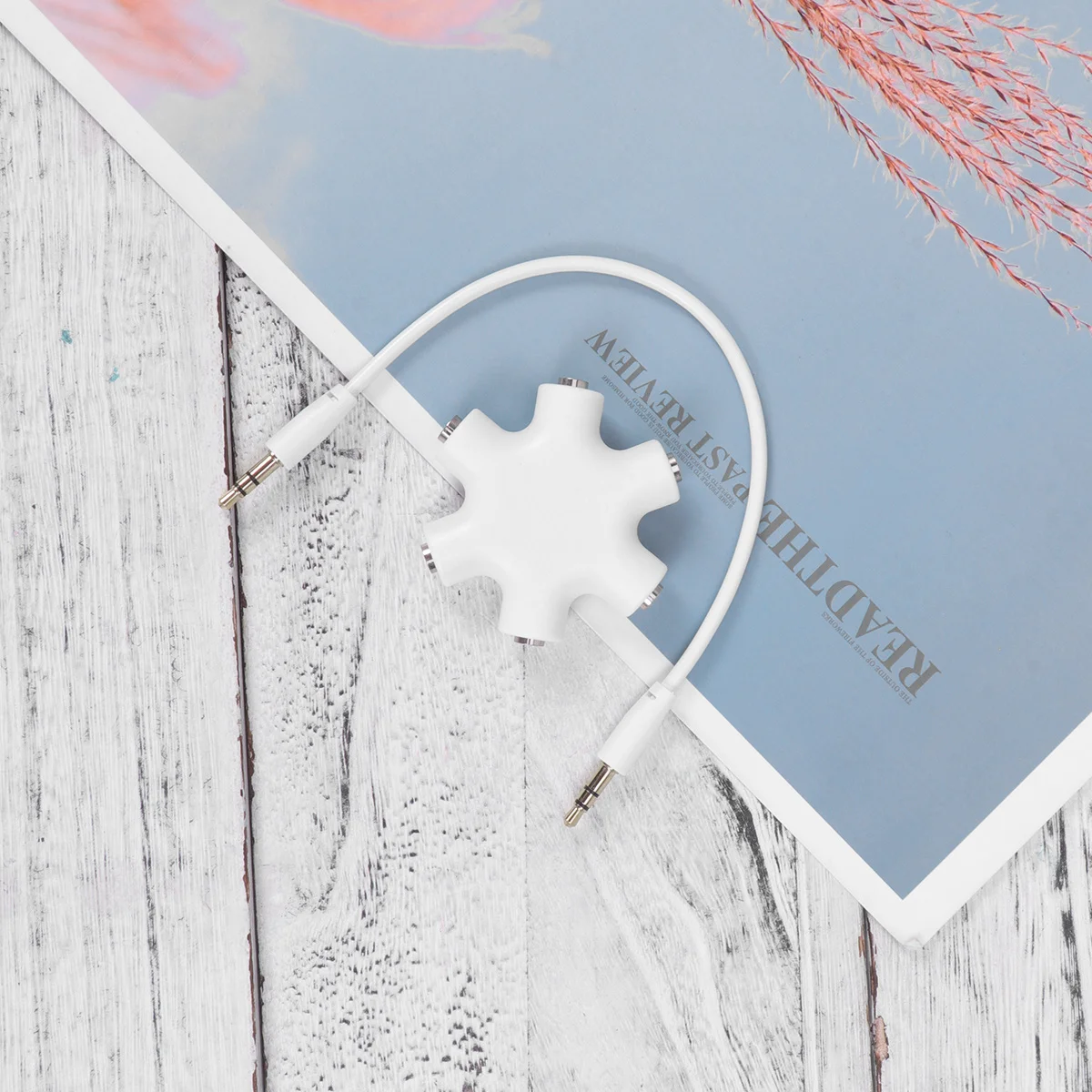 

White 5 Way 6 Port Hexangular Headphone Splitter Adapter for Phone Pc Music Player Connect Multiple Audio Sources