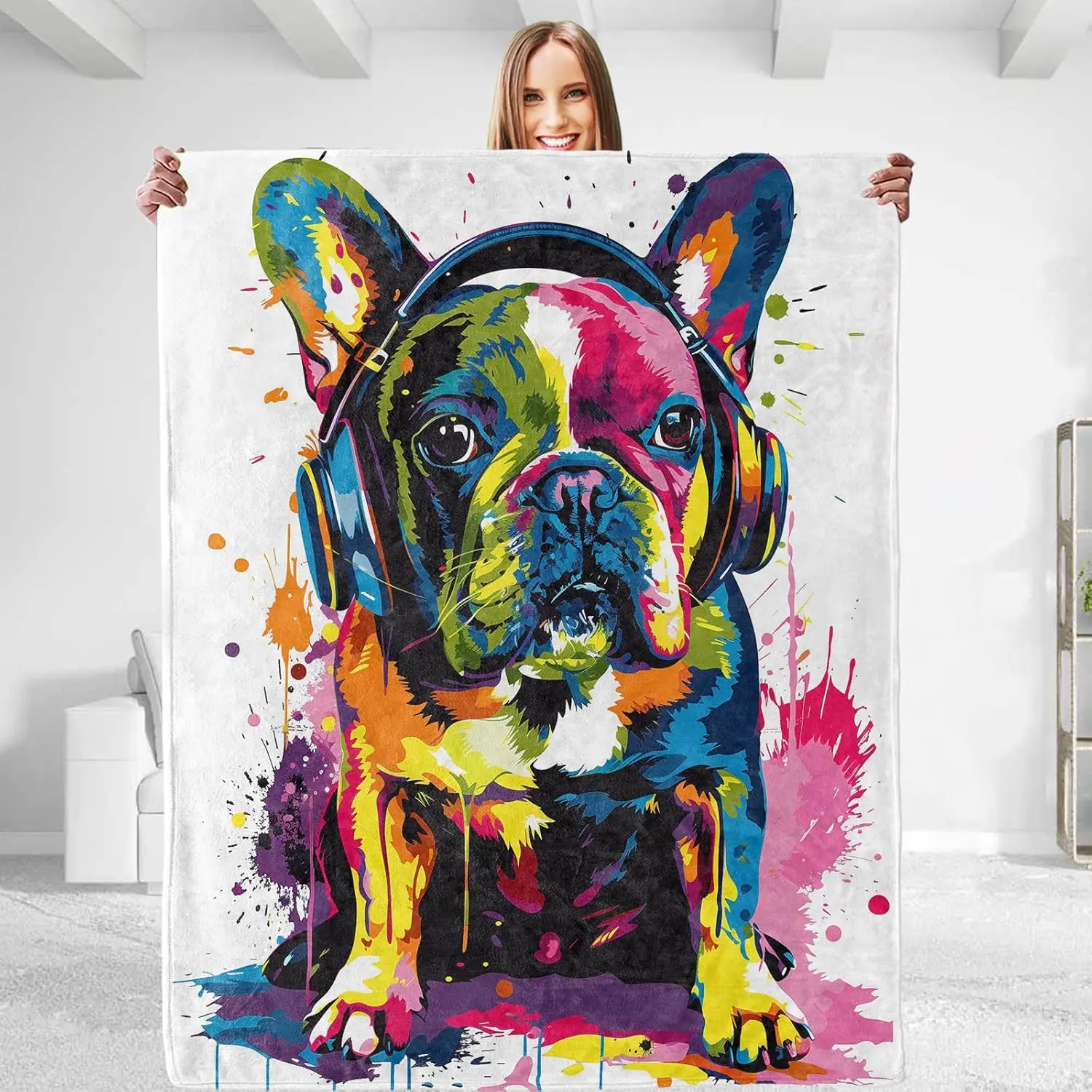 Colorful French Bulldog Blanket Headphone Watercolor Graffiti Dog Throw Blanket Abstract Splash Paint Art Bedding for Adults