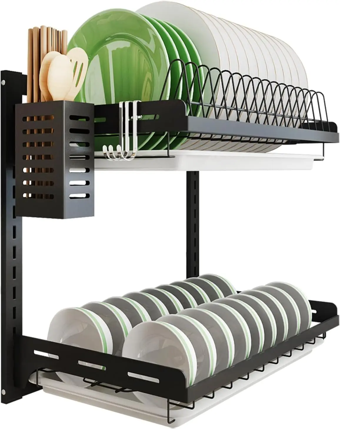 Kitchen Dish Rack,Hanging Silverware Dish Drying Rack Organizer  Shelf Over The Sink,2 Tier Wall Mount Bowl Holder with Drain Tr