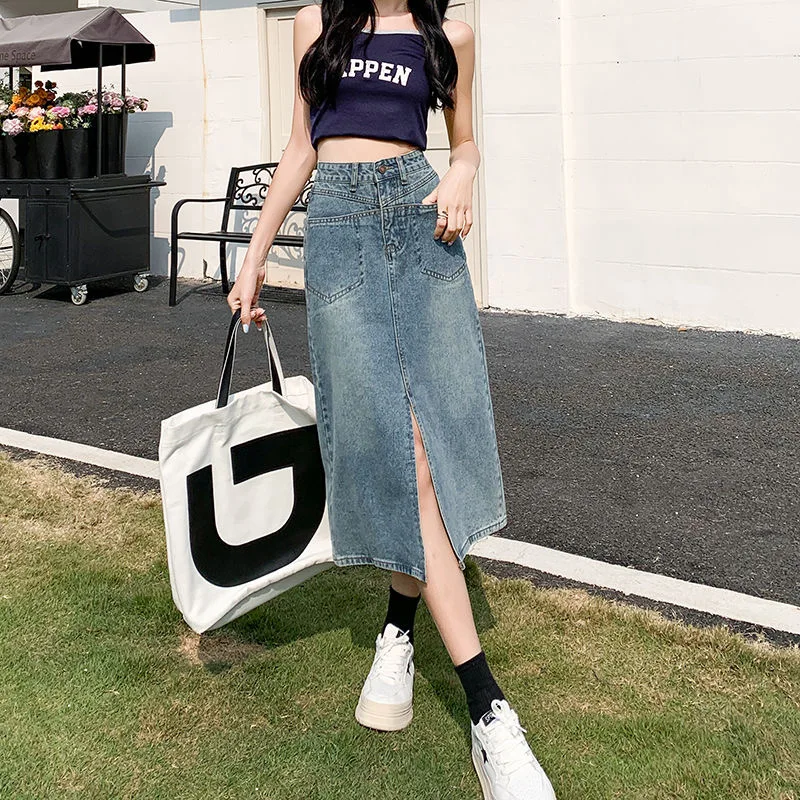 High Waist A-Line Midi Denim Skirt for Women Summer New Sle High Street Sle ature Skirts Commute Korean Sle