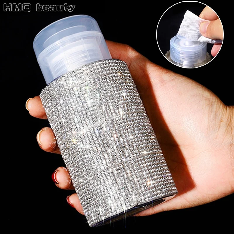 200ml Pump Dispenser Bottle Diamond Liquid Alcohol Press Bottle for Nail Polish Remover Refillable Manicure Container Wholesale