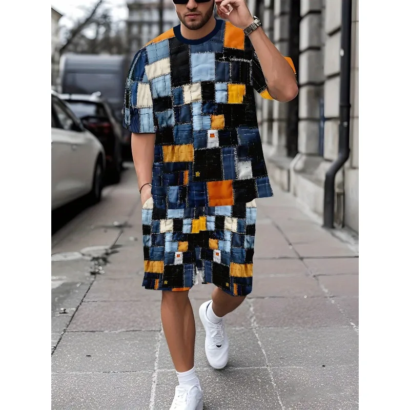 Summer 2025 3D Printed Polyester Fiber Round Neck Short Sleeved T-shirt and Shorts Set for Casual Sports and Outdoor Activities