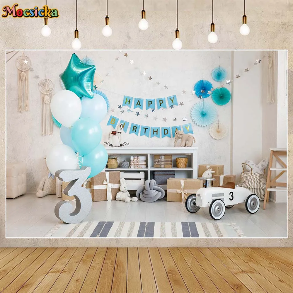 

Mocsicka Happy 3rd Birthday Backdrop Baby Cake Smash Party Decoration Boy Portrait Photo Background Photo Studio Photocall Props