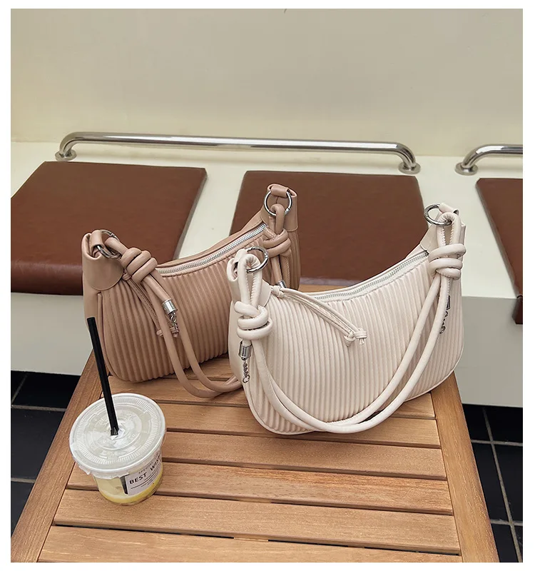 

2025 Minimalist Tote Bag - Solid Color Dumpling-Shaped Handbag with Pleats, Stylish Striped Crossbody Shoulder Bag