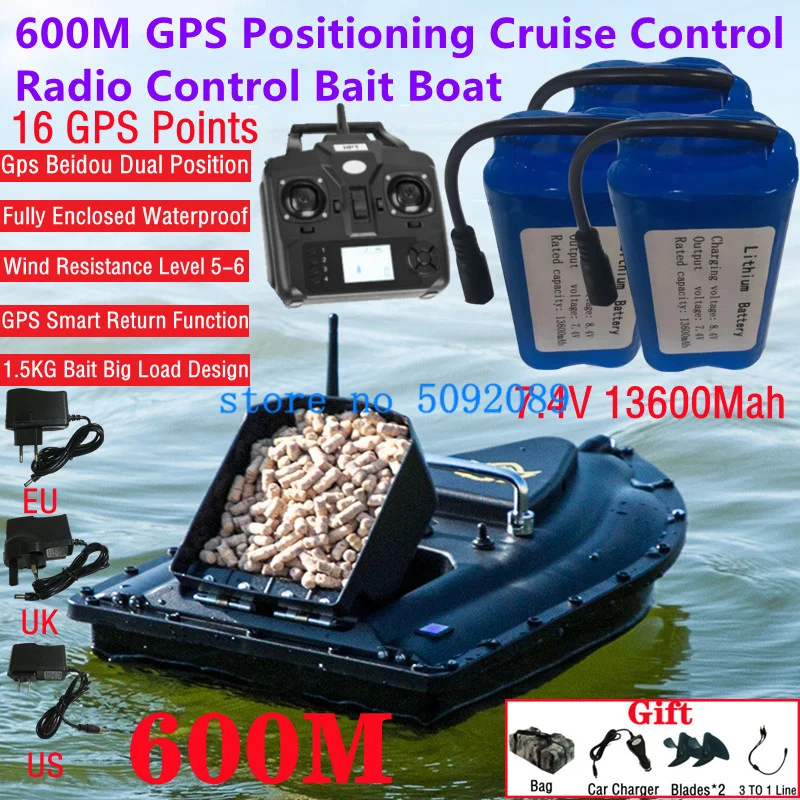 16 GPS Auto Return RC Fishing Boat 600M Lighting Fixed Speed Cruise Unhooking Waterproof Electric Remote Control RC Bait Boat