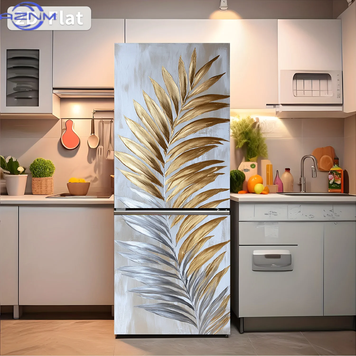 2D Flat Printing 1pc Refrigerator Sticker  Golden Silvery Leaf Beauty Themed Design Wall Decal Self-Adhesive Wallpaper Suitabl