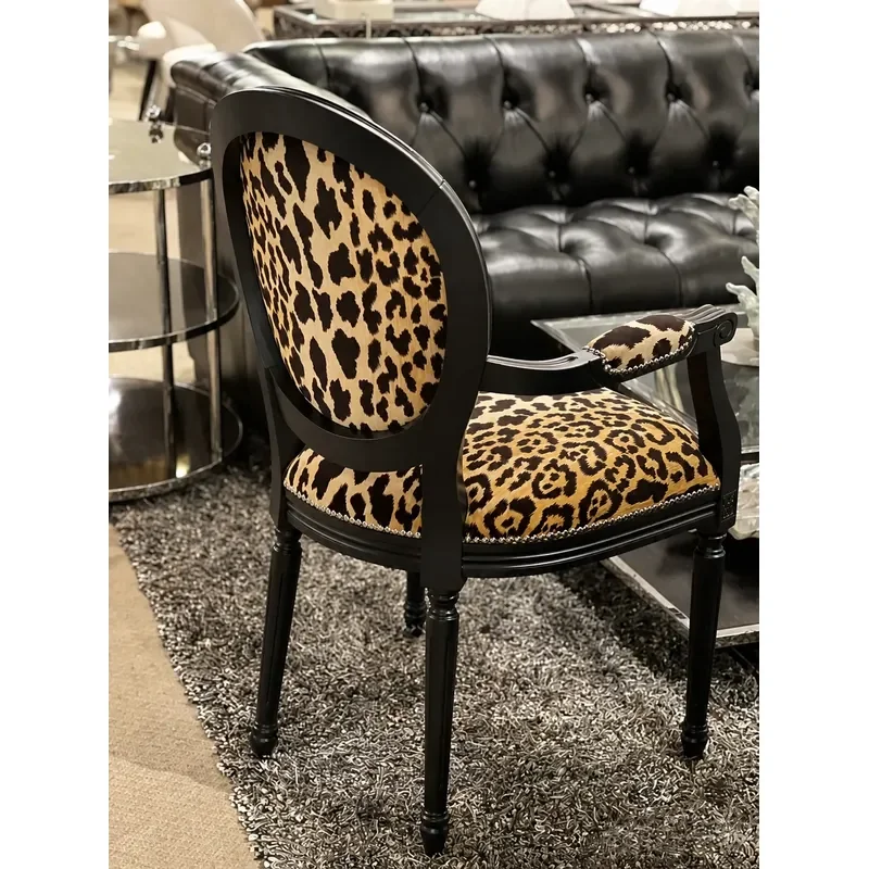 Solid Wood Carved Flower Round Back Armchair Leopard Print Fabric Dining Chair American Retro Style Leisure Chair for Home