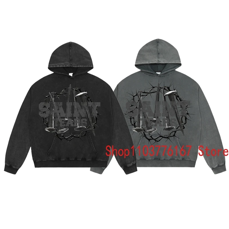 

Trend Brand SAINT Hooded Sweatshirts Men Women Fall Winter Loose All-match Vintage Letter Pattern Print Pullover Saint Hoodies