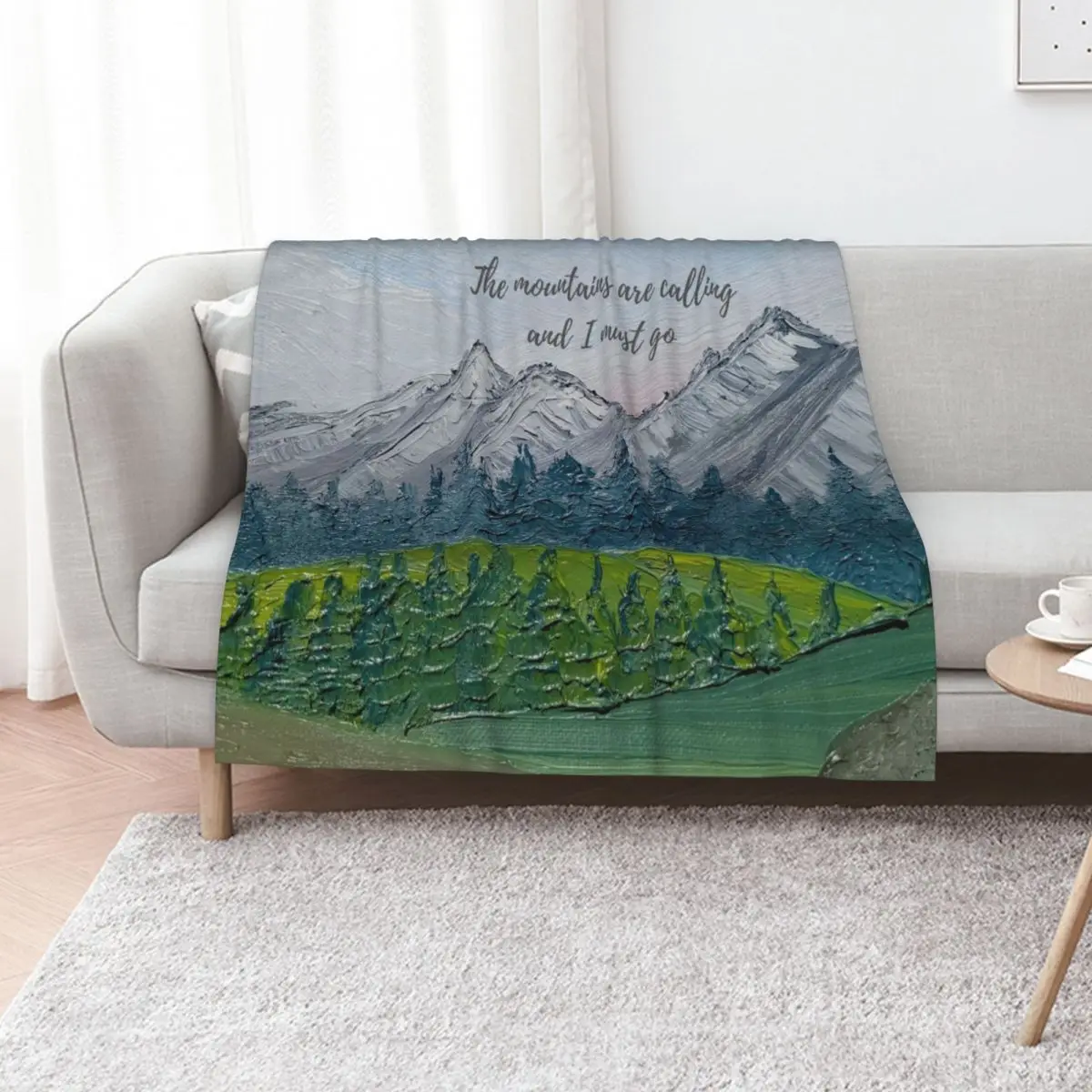 The mountains are calling and I must go - John Muir w/ oil painting background Throw Blanket Beach Single Blankets