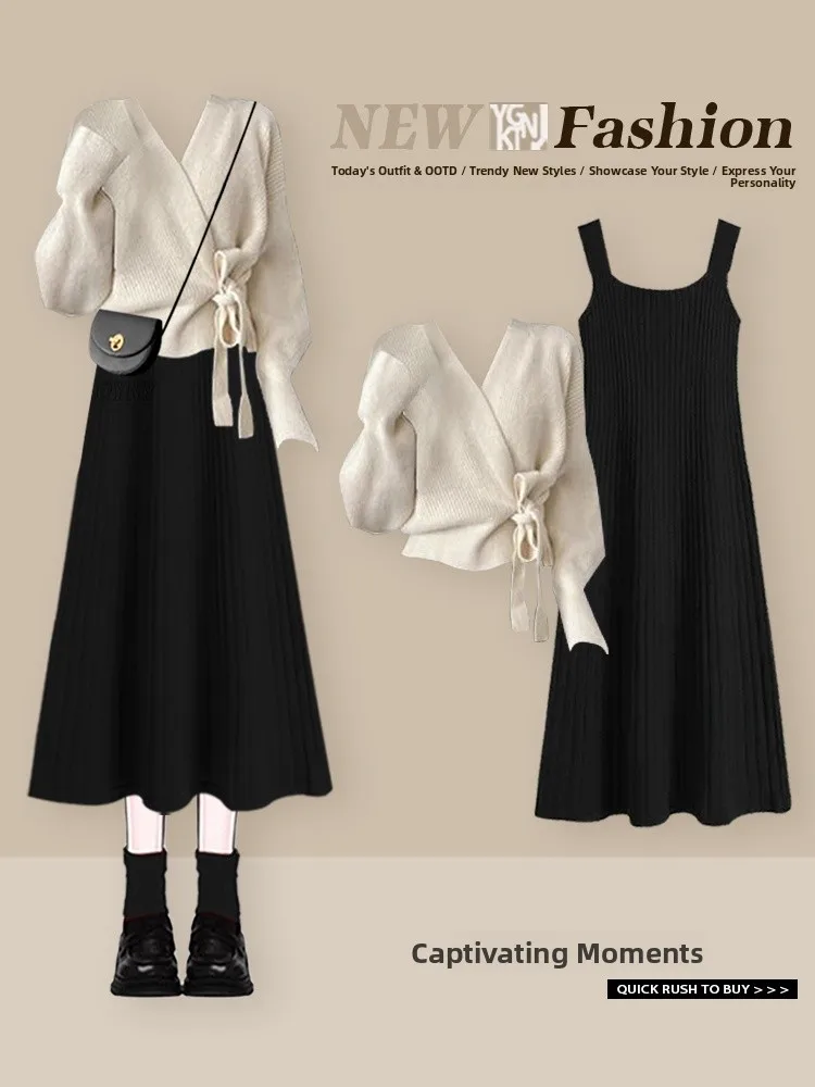 

Корейский осенне-зимний женский вязаный комплект-двойка с эффектом похудения и поясом, включающий свитер и платье на бретельках