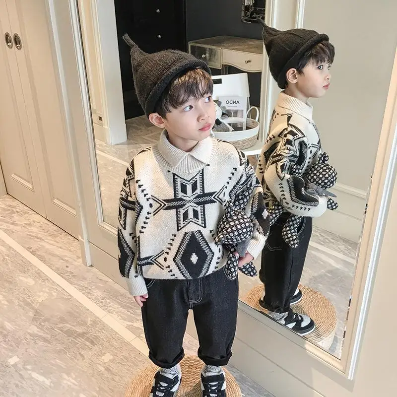 Sweater pullover anak laki-laki, sweater anak laki-laki, sweater kerah lapel, mode hangat baru, musim dingin, untuk bayi 90-2025 cm, 150
