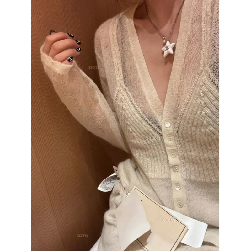 

V-neck Cardigan Sweater Fake Two-piece Suspender Sweater Solid Color Women's Fashion Casual Top
