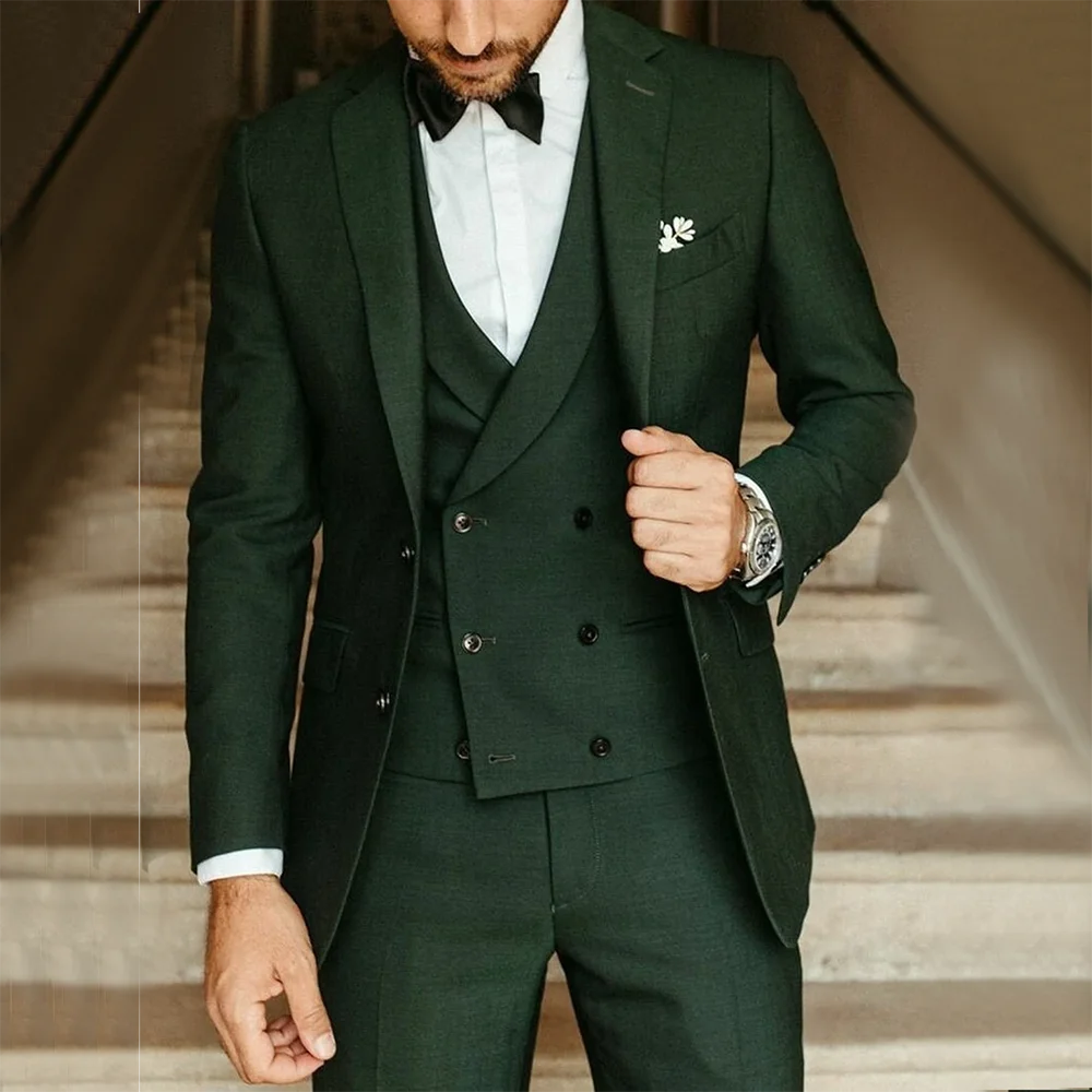 Classic Green Men Suits Wedding Groom Best Man Tuxedo Black Buttons Notch Lapel Male Suit Fashion Custom Made Clothes for Men