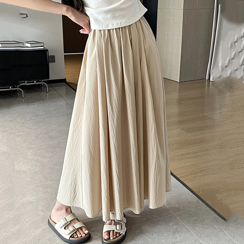 Summer High Waist Large Umbrella Skirt Women 2025 All Match Solid Color Pockets Long Skirts Woman Basic A Line Pleated Skirts