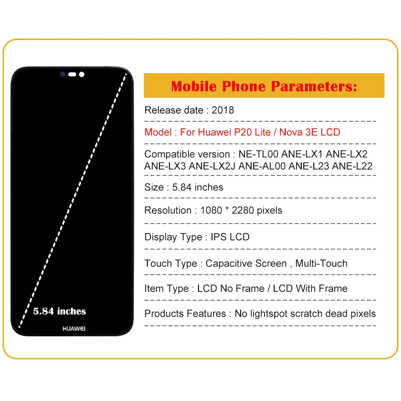 5.84"  For Huawei P20 Lite ANE-LX1 ANE-LX2 LCD Display Touch Screen Digitizer For Huawei Nova 3e LCD Screen Replacement