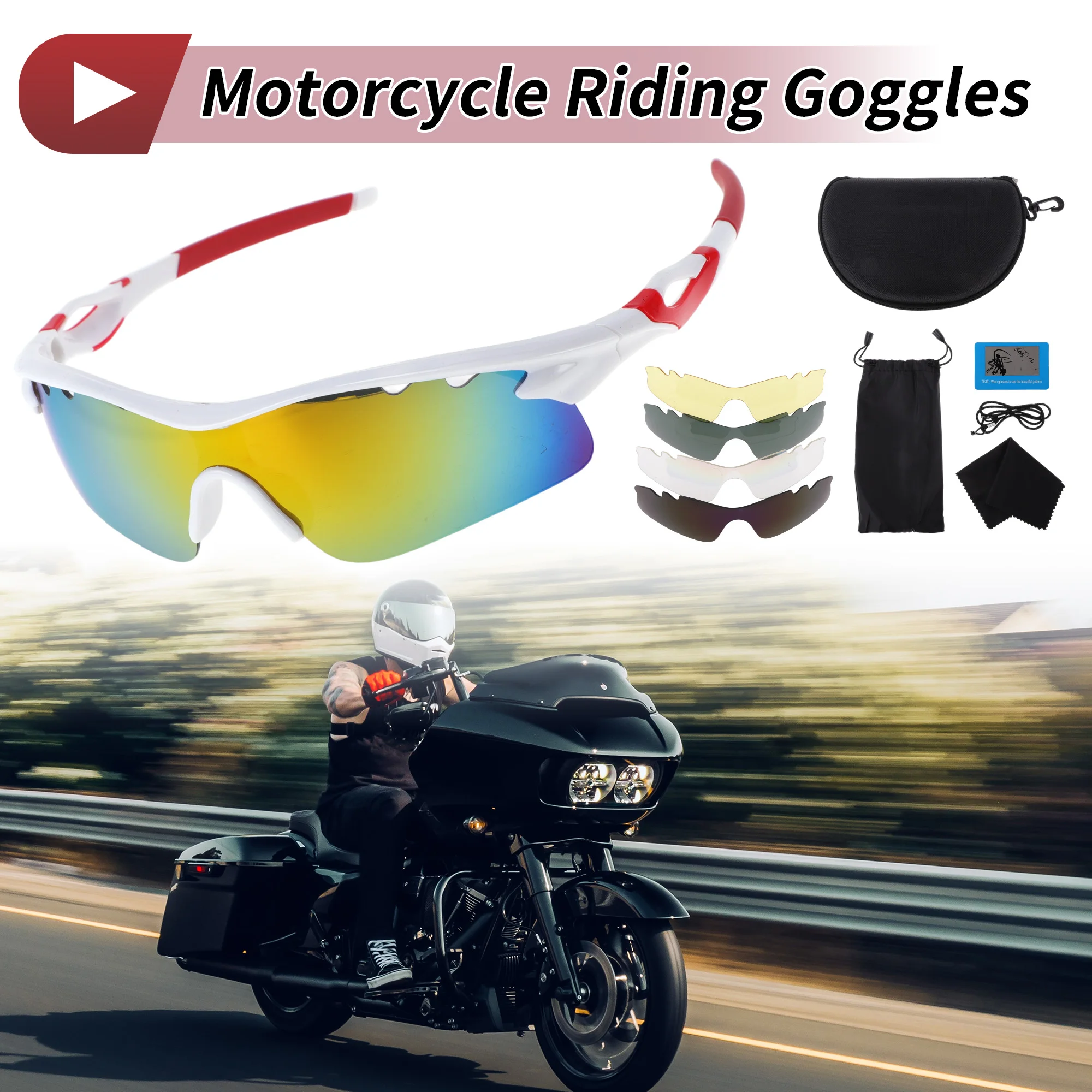 

X Autohaux, 1 комплект, очки для езды на мотоцикле, красные линзы, белая оправа, велосипедные солнцезащитные очки для ПК