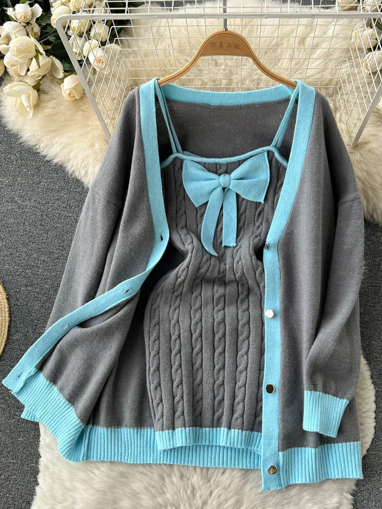 Sweet Women Fall Winter Knitted Two-piece Set Plus Striped Cardigan Sweater Coat Plus Screw Thread Bow Suspender Dress Suit