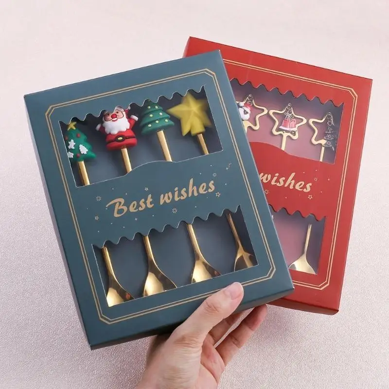 4pcs/set Christmas Spoon Forks with Gift Box Xmas Pendant Stainless Steel Coffee