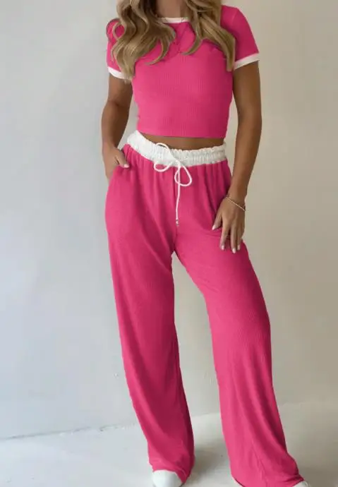 Summer New Casual 2-Piece Set with Contrasting Color Splicing Round Neck Crop Top T-Shirt and Lace Up Straight Leg Pants Set