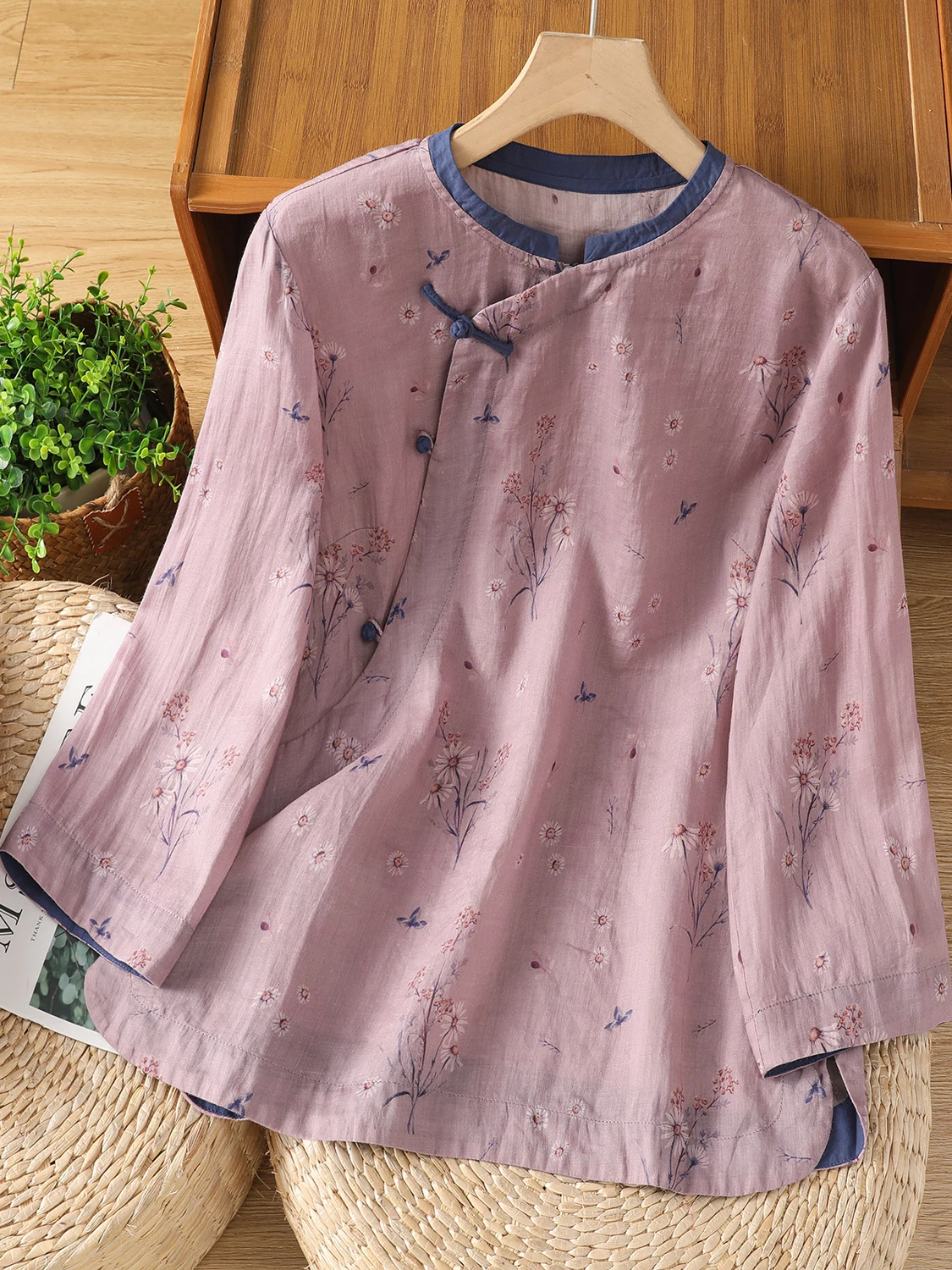 

Женская одежда большого размера в китайском стиле с принтом в стиле ретро, цветной воротник-стойка, наклонная S-образная пуговица, семь Sle...