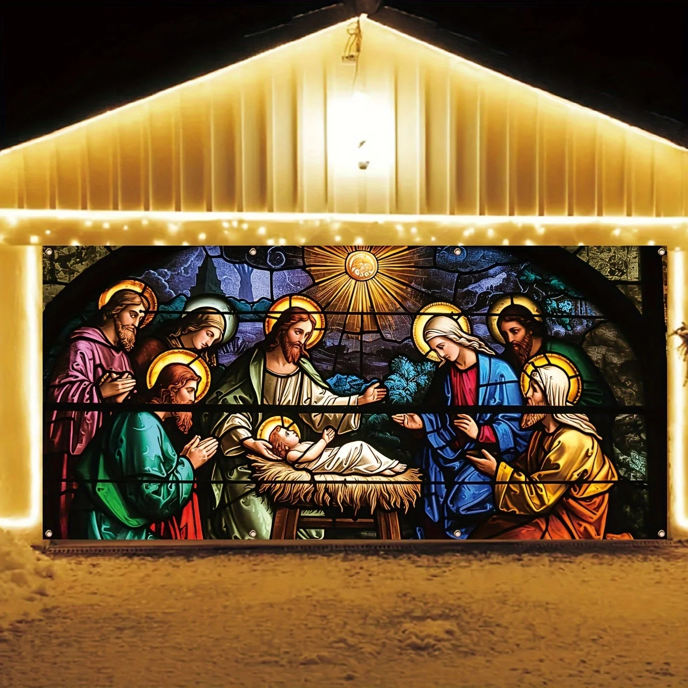 1 2D flacher Jesus Krippe Weihnachten Garagentor Polyester Hintergrundstoff, geeignet für Outdoor-Festival-Dekoration