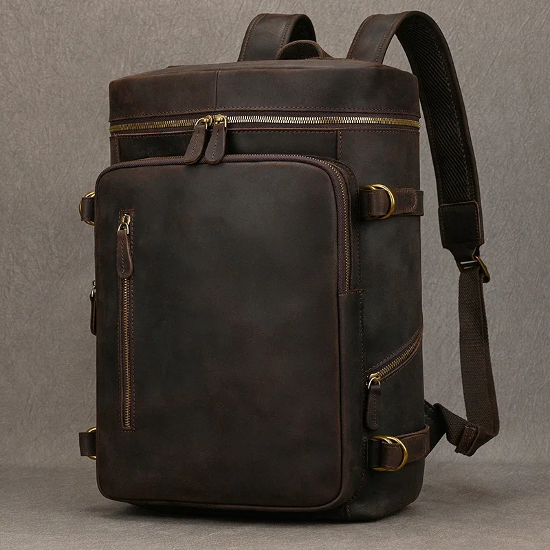 Vintage Genuine Leather Men\'s Backpack Large capacity travel bag crazy horse leather male 14\